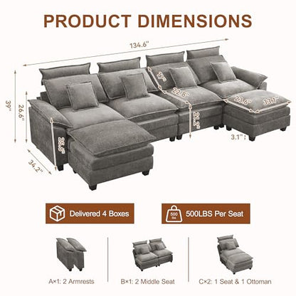 134'' U Shaped Sectional Couch, Cloud Deep Seat Sofa Couch with 2 Ottoman, Detachable Headrest, Oversized Modular 5 Seater Sofas for Living Room, Light Grey - color: Light Grey, size: U Shaped Couch