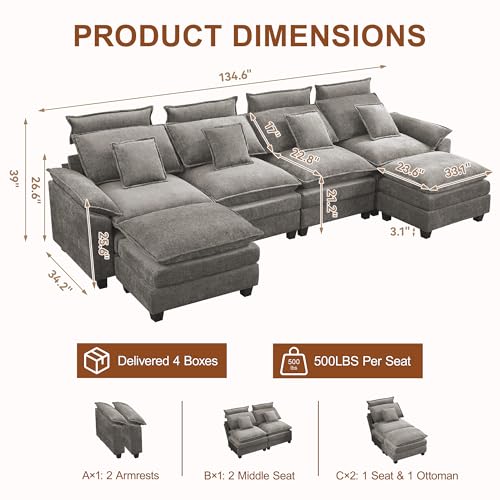 134'' U Shaped Sectional Couch, Cloud Deep Seat Sofa Couch with 2 Ottoman, Detachable Headrest, Oversized Modular 5 Seater Sofas for Living Room, Light Grey - color: Light Grey, size: U Shaped Couch