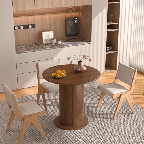 31.5 inch Round Dining Table for 2, Modern Farmhouse Kitchen Table | Small Circle Dining Tables with Wood Strip Base for Kitchen Living Room - color: Walnut