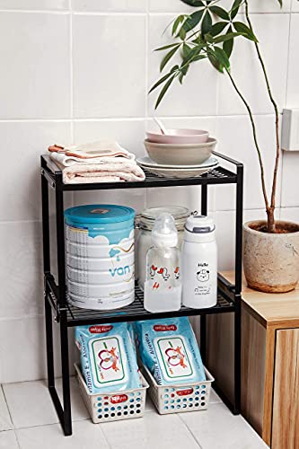 Shantton 2pk Kitchen Cabinet Shelf Counter Organizer Rack Pantry Storage Bathroom Bedroom Office Table Desk Space Saving Steel Frame Stackable Rust Resistant Non Slip Black-Tall-L13in W8.3in H9.5in | 2-Pack Stackable Metal Riser Holds 40LBS with Non-Slip