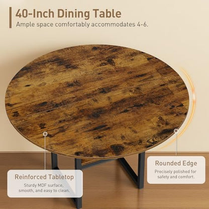 Round Dining Table Set for 4, 5-Piece Kitchen Table and Chairs with Storage Shelf, Circle Dinner Table Set with Wooden Tabletop & Metal Legs, for Kitchen & Dining Room, Rustic Brown and Black