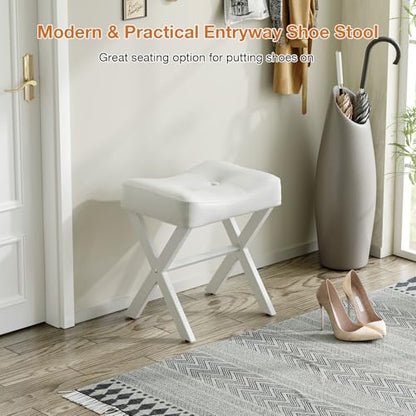 18-Inch Leather Vanity Stool Chair, White Makeup Stool | Vanity Bench, Metal X-Leg, Ottoman Accent Stool, Thick Padded Saddle Seat, 300 LBS, 16.3"x12.4"x18", For Living Room, Bedroom - size: Small, style: White Leather