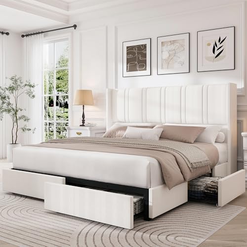 Queen Size Bed Frame with 4 Storage Drawers and Wingback Headboard Linen Upholstered Platform Bed Frame with Wooden Slats, Easy Assembly, White | 4 Storage Drawers, Linen Upholstered, No Box Spring Needed, Easy Assembly - color: White, size: Queen