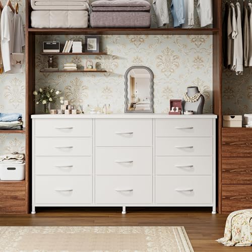 Romorgniz 47.2"W Long Dresser with 11 Fabric Drawers, TV Stand & Wooden Top | Five large and six small drawers provide organized storage, with a stable metal frame for bedrooms, living rooms and TV areas - color: White