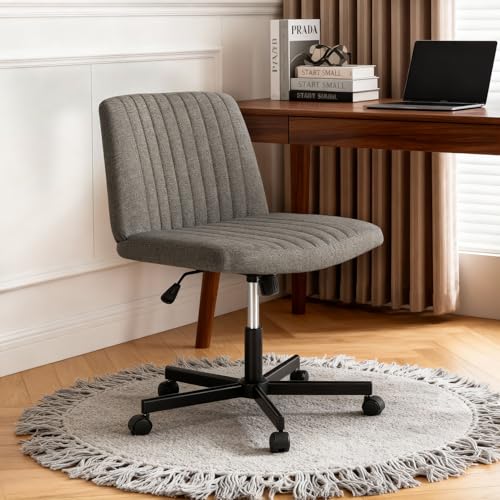 FDW Criss Cross Chair with Wheels Cross Legged Office Desk Modern Swivel Height Adjustable Wide Seat Computer Task Vanity Chair Comfy Fabric Armless Seating for Home Office - color: Grey, style: With Wheels