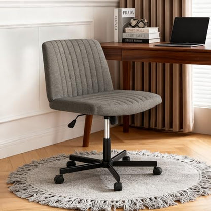 FDW Criss Cross Chair with Wheels Cross Legged Office Desk Modern Swivel Height Adjustable Wide Seat Computer Task Vanity Chair Comfy Fabric Armless Seating for Home Office - color: Grey, style: With Wheels
