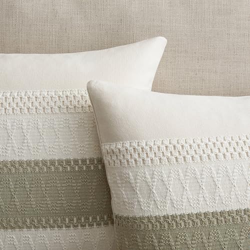 2 Pack Boho Throw Pillow Covers, Contrast Dark Sage 16x16in | Soft Breathable Cotton, Farmhouse Decorative Couch Pillow Cases, Cushion Covers for Sofa Bed Living Room Home Decor - color: Contrast/Dark Sage, size: 16" x 16" (Pack of 2)