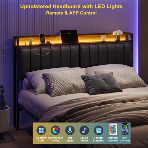 Queen Size Upholstered Headboard with LED Lights & Charging Station, PU Upholstery, Queen Headboard Only, Height Adjustable, Attach Frame, Sturdy and Stable, Easy Assembly - color: Black, size: Queen