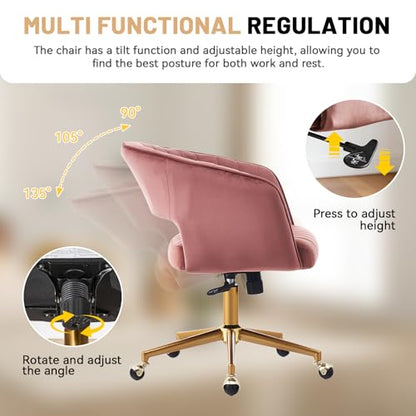 Vanity Chair with Back 360 Swivel Armchair and Gold Base, Criss Cross Chair with Wheels for Vanity Home Office, Living Room, Bedroom and Study (Pink) - color: Pink