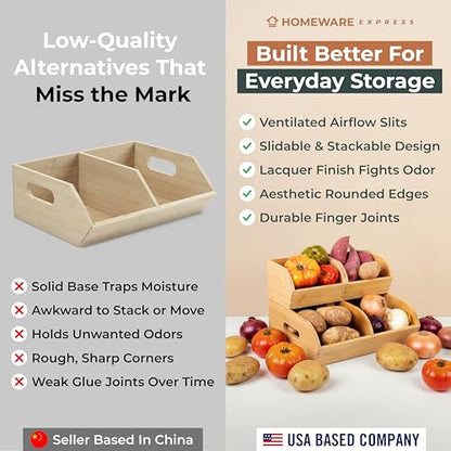 Potato and Onion Storage Bin for Pantry and Kitchen Counter - Ventilated Stackable Bamboo Organizer Baskets with Handles