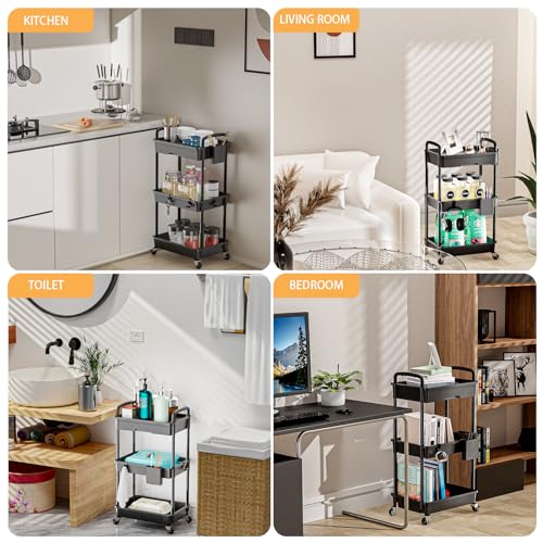 3 Tier Rolling Utility Cart with Drawer,REBECAT Utility Cart Made of Multifunctional Storage Organizer Tool for Kitchen,Bathroom,Living Room,Office(Black) - color: Black