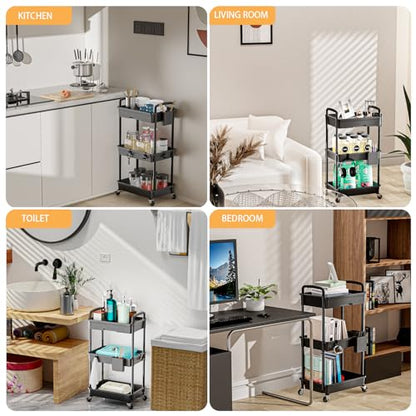 3 Tier Rolling Utility Cart with Drawer,REBECAT Utility Cart Made of Multifunctional Storage Organizer Tool for Kitchen,Bathroom,Living Room,Office(Black) - color: Black
