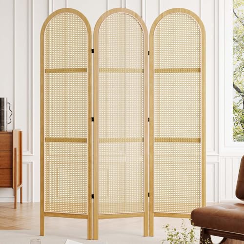 Svimi Room Dividers and Folding Privacy Screens, Pine Wood 5.6 Ft Double Hinged Rattan Partition Freestanding Wall Room Divider for Home - 3 Panels (Natural) - color: Natural