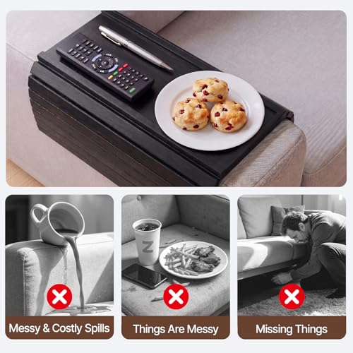 Bamboo Sofa Armrest Tray, Foldable Couch Arm Tray Side Table, 2 in 1 Anti-Falling Armrest Tables Cup Holder for Snacks, Drinks, Beers, Phone, Control, Flexible and Portable, Anti-Slip, (Black) - color: Black