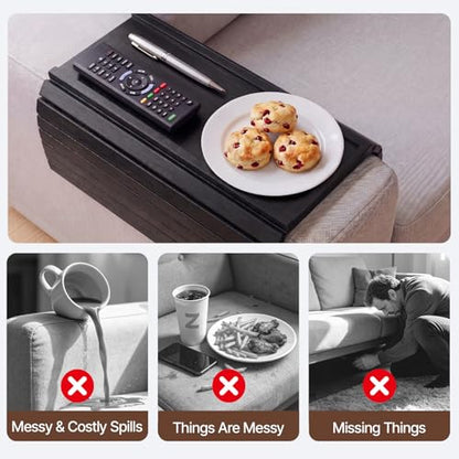 Bamboo Sofa Armrest Tray, Foldable Couch Arm Tray Side Table, 2 in 1 Anti-Falling Armrest Tables Cup Holder for Snacks, Drinks, Beers, Phone, Control, Flexible and Portable, Anti-Slip, (Black) - color: Black