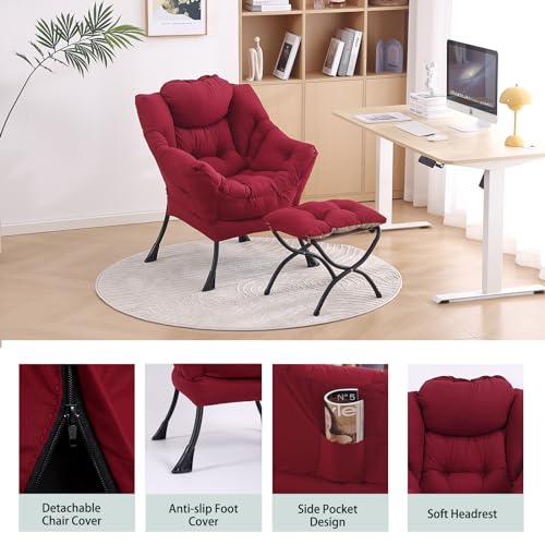 Lazy Chair with Ottoman, Comfy Accent Reading Chair, Burgundy | Foldable Footrest,Removable Cover,with Armrests and Side Pockets,Upholstered Lounge Chair for Bedroom,Dorm,Office,Small Space - color: Burgundy