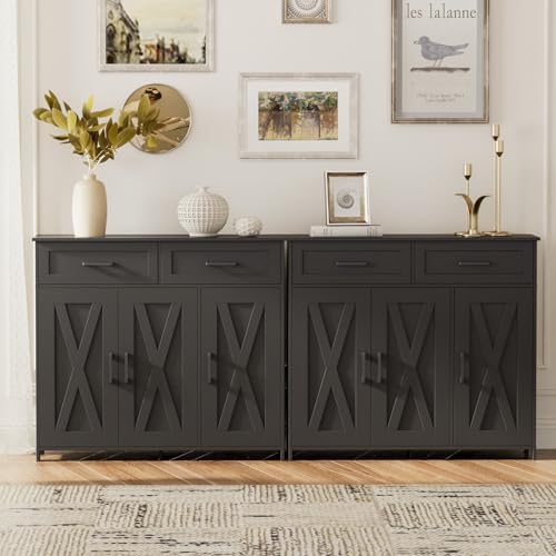 Homhedy Coffee Bar Storage Cabinet with Drawers, Kitchen Buffet Cabinet | Sideboard Cabinet with Doors, Farmhouse Buffet Cabinet, Adjustable Shelves, for Kitchen / Dining / Living Room, Black - color: Black