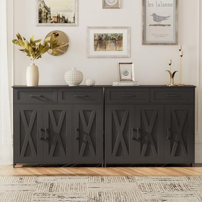 Homhedy Coffee Bar Storage Cabinet with Drawers, Kitchen Buffet Cabinet | Sideboard Cabinet with Doors, Farmhouse Buffet Cabinet, Adjustable Shelves, for Kitchen / Dining / Living Room, Black - color: Black