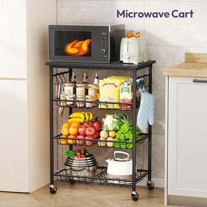 SWTYMIKI 24.4''x15.7'' Rolling Microwave Cart - 4 Tier Microwave Table Stand with 6 Storage Baskets, Coffee Bar with Wheels, Kitchen Utility Cart Shelf Rack Organizer for Vegetables, Potato, Black - color: Black