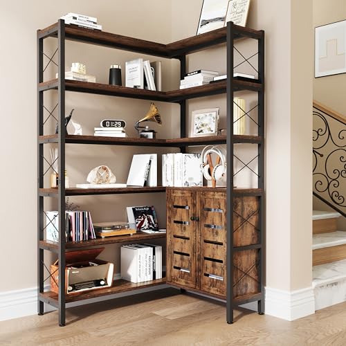 Wildhome 6-Shelf Corner Bookshelf, Vintage Industrial Corner Shelf Etagere Bookcase, Large Book Shelf with Metal Frame Open Storage Corner Cabinet (Brown-Lockers) - color: Brown, size: Medium With Storage Cabinet