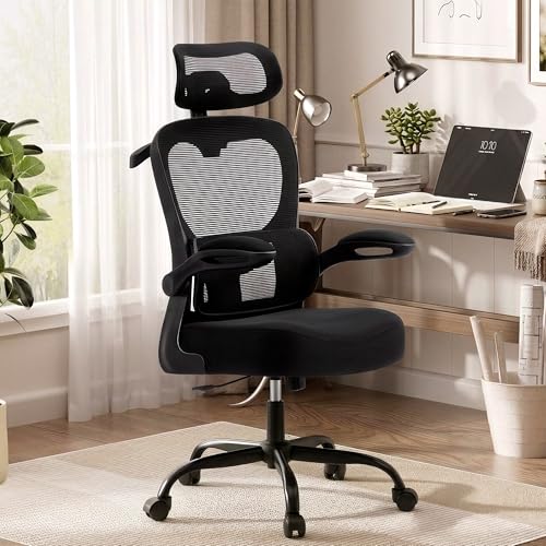 Office Chair-Ergonomic Desk Chair with Hidden Hanger & Flip-Up Arms, High Back Mesh Computer Chair with 2D Headrest & Adjustable Lumbar, Comfy Rolling Task Chair for Home Work Gaming, Black - color: Black