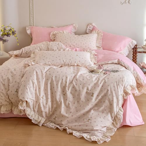 Pink Flower Duvet Cover Set Twin Size, Cute Bear Stripes Bedding Set with Ruffle Lace, 100% Cotton Cottagecore Style Girls Princess Lace Comforter Cover Botanical Floral Duvet Cover with 2 Pillowcases - color: Ruffle 07 - Chic Flower Bear, size: Twin(68"x