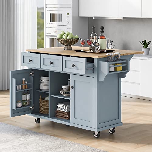 53'' Rolling Kitchen Island with Storage, Large Kitchen Cart On Wheels with Drop Leaf & Power Outlet & Drawers, Mobile Kitchen Table with 3 Drawers, for Dining Room (Grey Blue) - color: Grey Blue