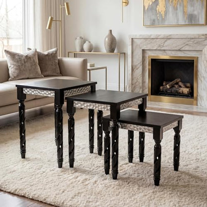 Hyfirm Black Nesting Tables Set of 3 - Mid Century Modern Accent End Tables with Durable Veneered Top, Spiral Wood Legs & Hexagonal Silver Apron, Ideal for Living Room, Bedroom & Small Apartments - color: Black Top+silver Apron