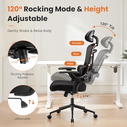 DUMOS Executive Home Office Chair, Ergonomic Computer Desk Chair, Mesh | 300 LBS, High Back, 2D Headrest, Adjustable Lumbar Support, Flip-up Armrests, Swivel Wheels, Black - color: Black
