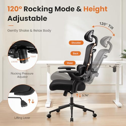 DUMOS Executive Home Office Chair, Ergonomic Computer Desk Chair, Mesh | 300 LBS, High Back, 2D Headrest, Adjustable Lumbar Support, Flip-up Armrests, Swivel Wheels, Black - color: Black