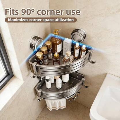 Suction Cup Corner Shower Caddy, No Drill, 2 Tier, Gray | Aluminum, With Hooks, Floating Rack for Inside, Bathroom Wall Shelf Organizer - style: Suction Cup Corner Shower Caddy ,2 Tier ,Gray