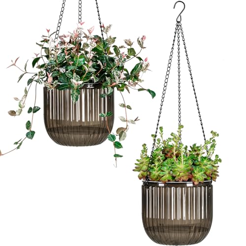 Josteve 6.5 Inch 2 Pcs Self Watering Hanging Planter Indoor Plant Pots Drainage Holes, Outdoor Hanging Planters Flower Pot Basket, Visible Water Level, Plant Hanger Home Decor, Gardening - color: Gray, size: 2*6.5 inch