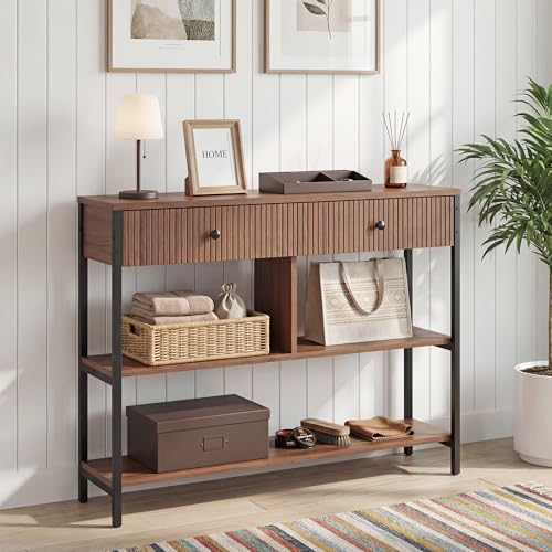 Manora Fluted Console Table with Wooden Drawers, Slim Entryway Table with Open Shelf, Tall Thin Side Table for Couch, Small Sofa Side Table for Hall, Hallway, Bedroom, Living Room, Foyer, Walnut