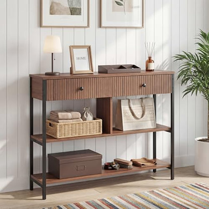 Manora Fluted Console Table with Wooden Drawers, Slim Entryway Table with Open Shelf, Tall Thin Side Table for Couch, Small Sofa Side Table for Hall, Hallway, Bedroom, Living Room, Foyer, Walnut