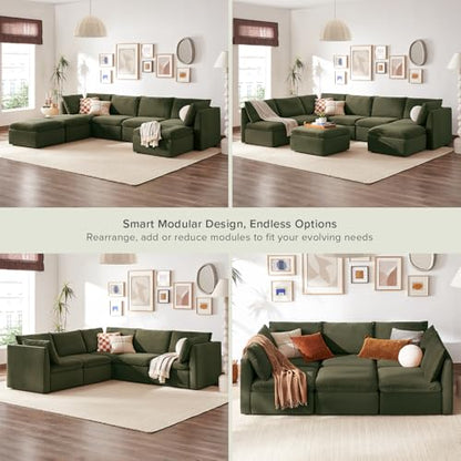 mopio Oversized Modular Sectional Sofa with Fully Removable Covers and Storage, Convertible U, L-Shaped and Sleeper Sectional, Modern Couches with Ottoman Chaise (Olive Green Velvet, 7 Seats, U) - color: [Gen 2] Olive Green Velvet, size: 7 Seats, U