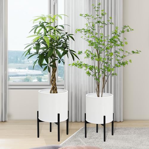 ARNIS Modern Plant Pots, Set of 2 Large Planters with Stand, Decorative Planters, Metal Pots with Drainage Holes for Living Room, Office, Garden or Balcony, 8.25 &10.5 Inch, White - color: White, size: 8.25 &10.5
