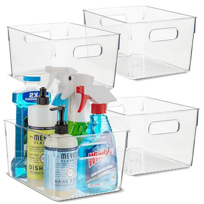 Plastic Food Storage 4 Pack Clear Container Bin with Handles for Organizing Kitchen, Pantry, Refrigerator, Freezer, Pantry, Cabinet, Closet, Bathroom. 10”x7.5”x5.3” - size: 10x7.5x5.3