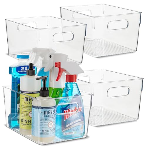 Plastic Food Storage 4 Pack Clear Container Bin with Handles for Organizing Kitchen, Pantry, Refrigerator, Freezer, Pantry, Cabinet, Closet, Bathroom. 10”x7.5”x5.3” - size: 10x7.5x5.3