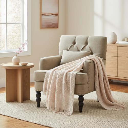 HUIMO Accent Chair, Tufted Upholstered Club Chair, Brown | Tufted upholstered club chair with lumbar pillow and solid wood legs. Suitable for living rooms, bedrooms, and reading nooks. - color: Light Brown