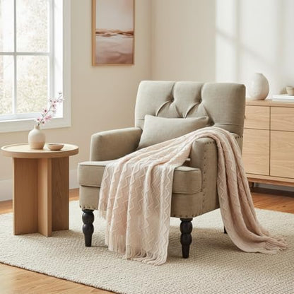 HUIMO Accent Chair, Tufted Upholstered Club Chair, Brown | Tufted upholstered club chair with lumbar pillow and solid wood legs. Suitable for living rooms, bedrooms, and reading nooks. - color: Light Brown