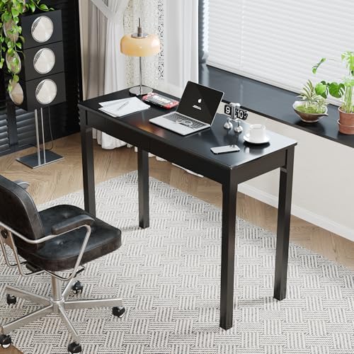 Solid Wood Desk with Drawers - 39 x 16 Inch Simple Narrow Desks, Rubber Wood Study Table, Small Writing Desk for Small Spaces|Bedroom - Modern Black Desks - color: Black, size: 39.4 in W x 15.7 in D