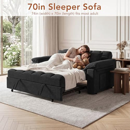 Vipbear Sleeper Sofa Bed, 70" Pull Out Futon Couch with Small Table| USB Port | Side Pockets | Tool-Free Assembly | Adjustable Backrest for Apartment, Office, Guest Room, Chenille Black - color: Black