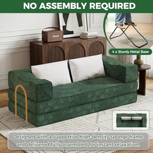 80" King Size Convertible Folding Sofa Bed, Loveseat for Small Spaces | Futon Couch with Memory Foam & 2 Pillows, Chenille Fabric, Apartment, Sleeper Sofa for Living Room, Studio (Green, 80in)