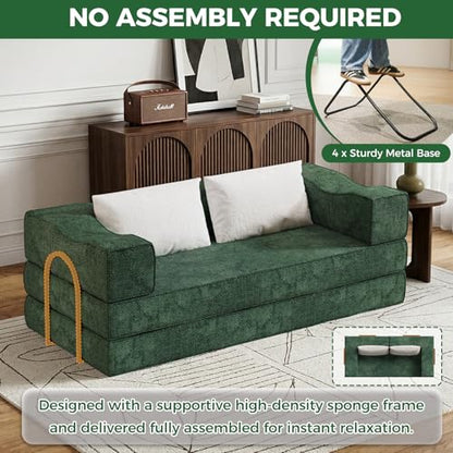 80" King Size Convertible Folding Sofa Bed, Loveseat for Small Spaces | Futon Couch with Memory Foam & 2 Pillows, Chenille Fabric, Apartment, Sleeper Sofa for Living Room, Studio (Green, 80in)