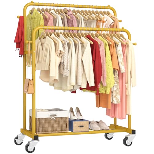 Laiensia Double Rods Garment Rack with Wheels, Clothing Rack for Hanging Clothes,4 Hooks, Multi-functional Bedroom Clothes Rack, Gold - color: Gold