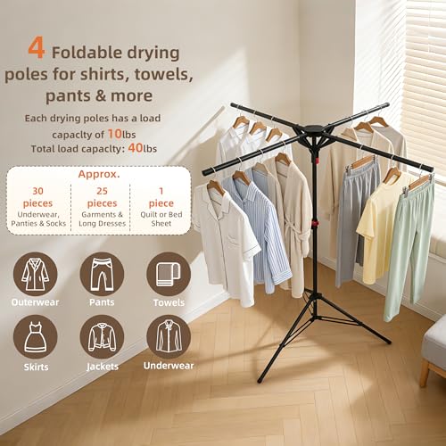 Clothes Drying Rack Foldable, Adjustable Height with Fold Button | Stable Tripod Base, Rust-Resistant, Quick Fold Button, Independent Rod Adjustment, Fits 90°/180°/270° Corners