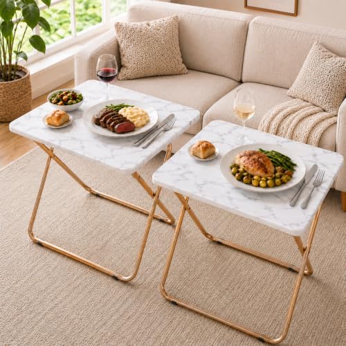 Japard Folding Couch TV Tray Table Set of 2, Heavy Duty Metal Frame 660lbs, Portable Laptop Desk No Assembly Required (2-Pack, Marble White) - color: White Marble - 2 Pack