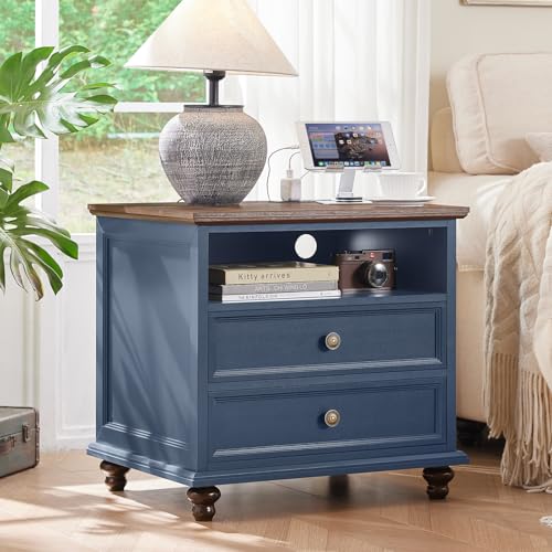 Joaxswe 24" Wide Farmhouse Nightstand with Charging Station, End Table with 2 Drawers, Blue Wood Dresser for Bedroom Cabinet, Bed Side Table Chest of Drawers, Night Stand for Living Room, Closet - color: Blue, size: 24"W (2 Drawers)