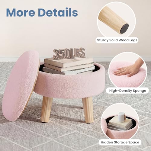 DUMOS Round Storage Ottoman with Reversible Tray Lid, Multi-Functional Footrest, Teddy Velvet Footstool with Wood Legs, Small Coffee Table for Living Room, Bedroom, Pink - color: Pink