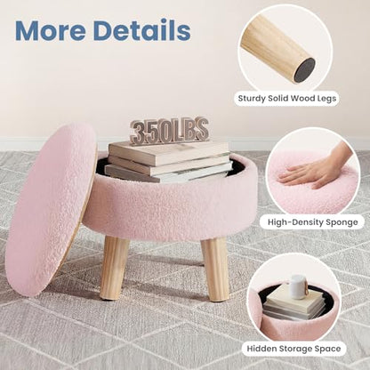 DUMOS Round Storage Ottoman with Reversible Tray Lid, Multi-Functional Footrest, Teddy Velvet Footstool with Wood Legs, Small Coffee Table for Living Room, Bedroom, Pink - color: Pink
